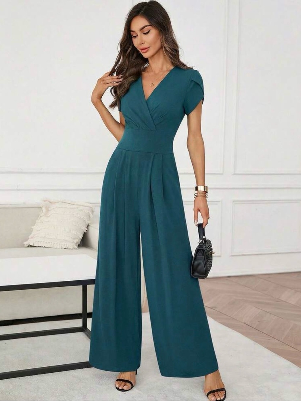 SHEIN Teal Surplice Waist Wide-Leg Jumpsuit